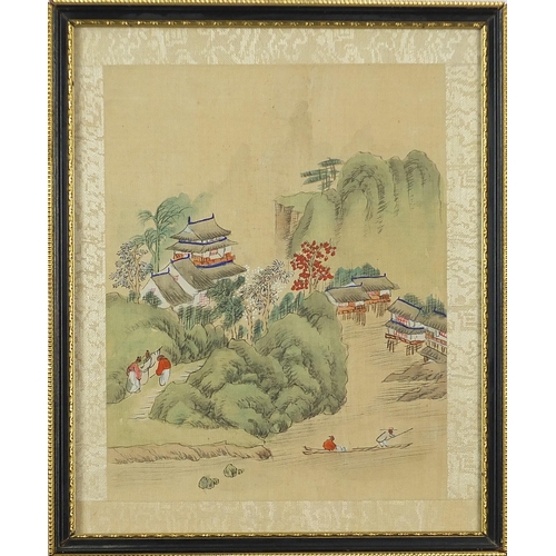 1402 - Mountainous landscapes and pagodas, pair of Chinese watercolours on silk, one with character marks a... 