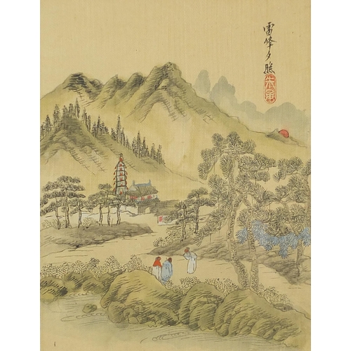 1402 - Mountainous landscapes and pagodas, pair of Chinese watercolours on silk, one with character marks a... 