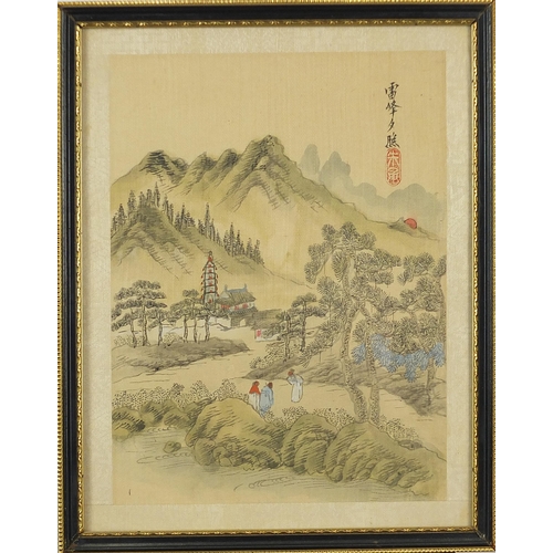 1402 - Mountainous landscapes and pagodas, pair of Chinese watercolours on silk, one with character marks a... 