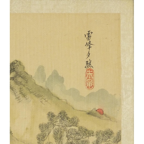 1402 - Mountainous landscapes and pagodas, pair of Chinese watercolours on silk, one with character marks a... 