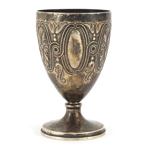 2269 - Portuguese silver goblet embossed with foliage, impressed Leitao and ? Lisboa, 10cm high, 95.2g