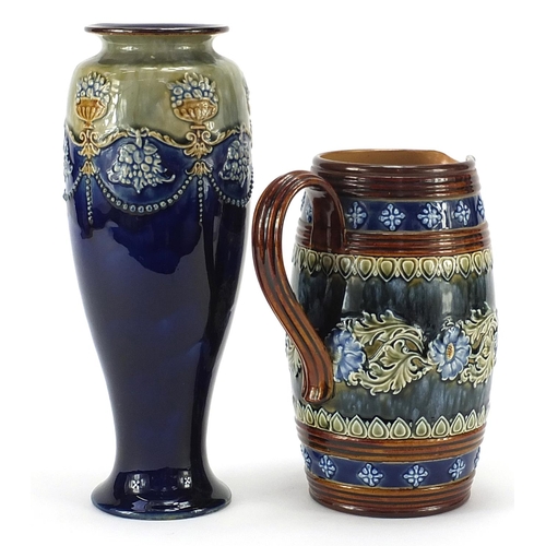 227 - Doulton Lambeth stoneware jug and Royal Doulton stoneware vase hand painted with stylised flowers, t... 