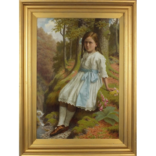 288 - James Barnes - Portrait of a girl seated before woodland, early 20th century oil on canvas, inscribe... 