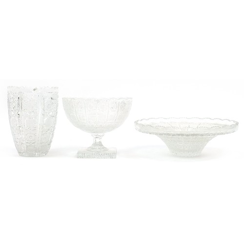 1339 - Bohemian cut crystal glassware comprising fruit bowl and pedestal bowl, the largest 45cm in length