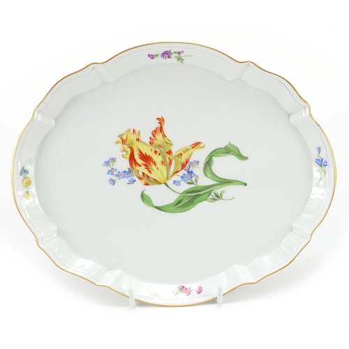 448 - Meissen, German porcelain tray hand painted with flowers, 27cm wide