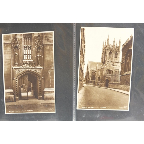 680 - Collection of postcards arranged in an album, some black and white photographic including cathedrals... 