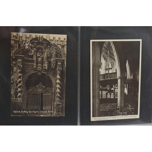 680 - Collection of postcards arranged in an album, some black and white photographic including cathedrals... 