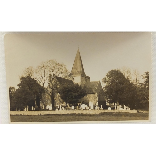 680 - Collection of postcards arranged in an album, some black and white photographic including cathedrals... 