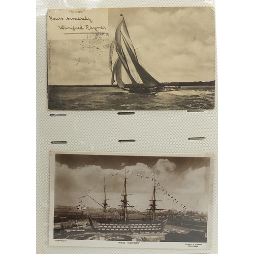 695 - Collection of shipping interest postcards and photographs arranged in an album, some black and white... 