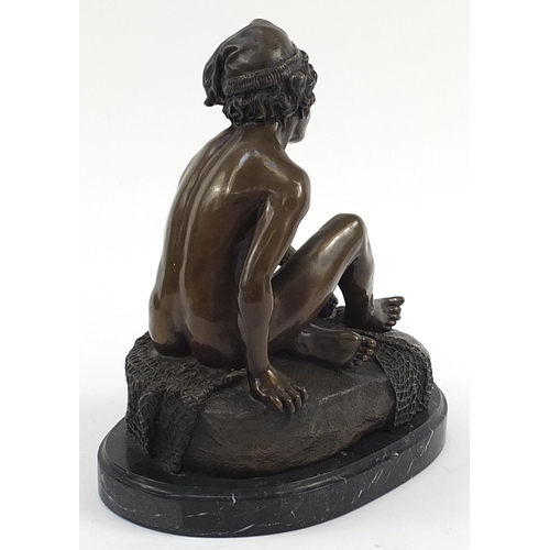 766 - Large patinated bronze study of a nude beggar with tortoise raised on an oval black slate base, 29.5... 