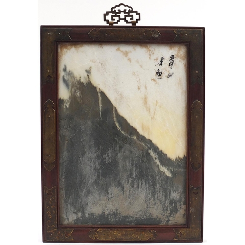 1042 - Chinese hardstone panel with hardwood frame and bronzed metal mounts, overall 48cm x 36cm