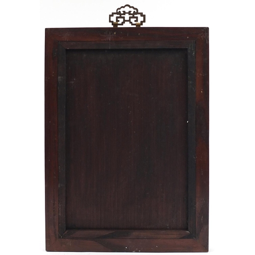 1042 - Chinese hardstone panel with hardwood frame and bronzed metal mounts, overall 48cm x 36cm