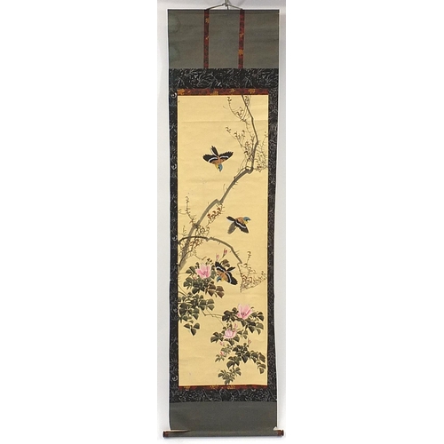 1044 - Three Chinese wall hanging scrolls hand painted with birds