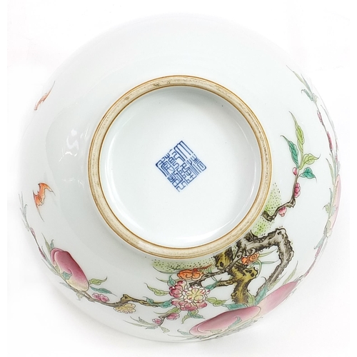 1179 - Chinese porcelain bowl hand painted in the famille rose palette with bats amongst peach trees, six f... 