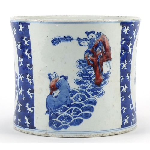 1183 - Chinese blue and white with iron red porcelain brush pot hand painted with figures, six figure chara... 