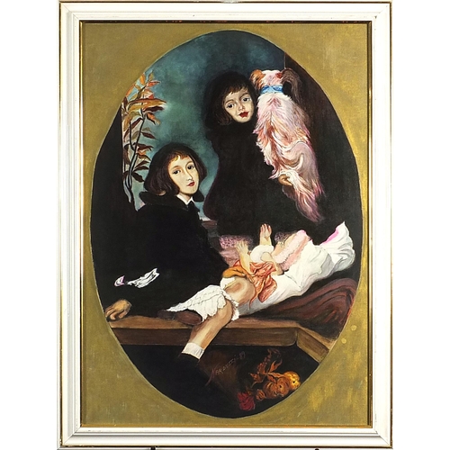 1275 - Narduffi - Two girls with baby and dog, signed oval oil on card, mounted, framed and glazed, 66cm x ... 