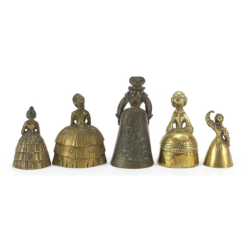 1286 - Five 19th century and later brass table bells in the form of females including one wearing Tudor dre... 