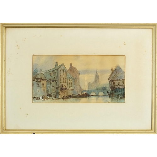 1345 - M Blackhirst 1890 - Bridge over water beside buildings, late 19th century signed watercolour, mounte... 