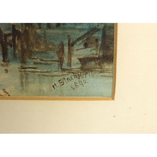 1345 - M Blackhirst 1890 - Bridge over water beside buildings, late 19th century signed watercolour, mounte... 