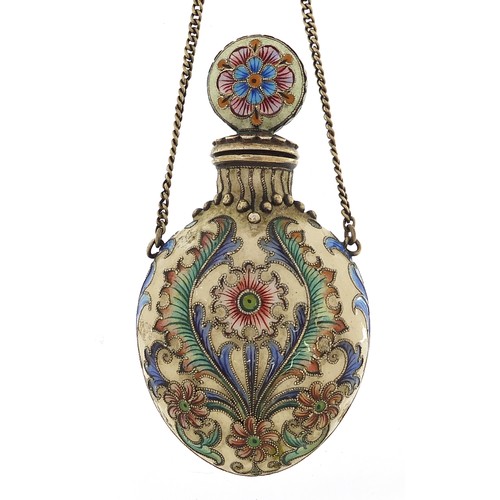 2211 - Unmarked Russian silver gilt champleve enamel scent bottle hand painted with flowers, marks for Fedo... 