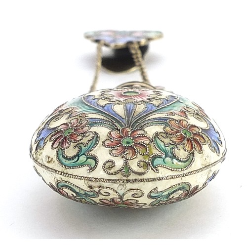 2211 - Unmarked Russian silver gilt champleve enamel scent bottle hand painted with flowers, marks for Fedo... 