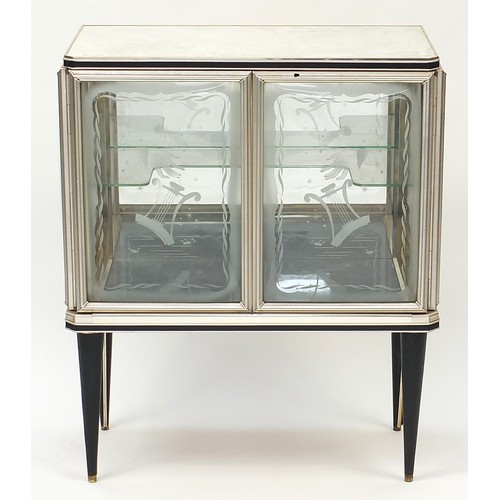 914 - 1950's Retro Italian style glass cabinet, the bow fronted doors and sides etched with musical lyre i... 