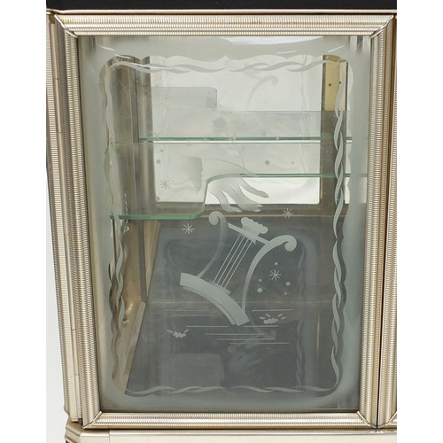 914 - 1950's Retro Italian style glass cabinet, the bow fronted doors and sides etched with musical lyre i... 