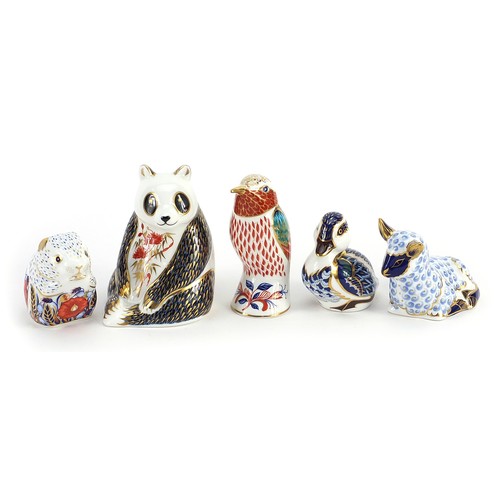 532 - Five Royal Crown Derby animal paperweights with stoppers including panda, hummingbird and Poppy Mous... 