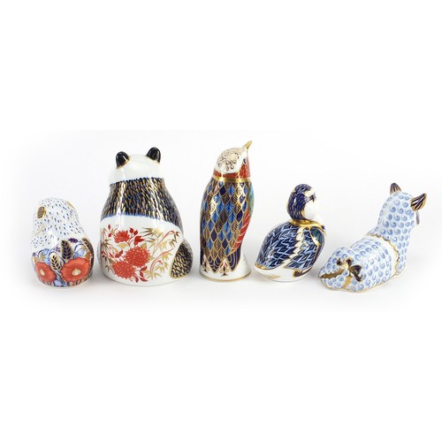 532 - Five Royal Crown Derby animal paperweights with stoppers including panda, hummingbird and Poppy Mous... 