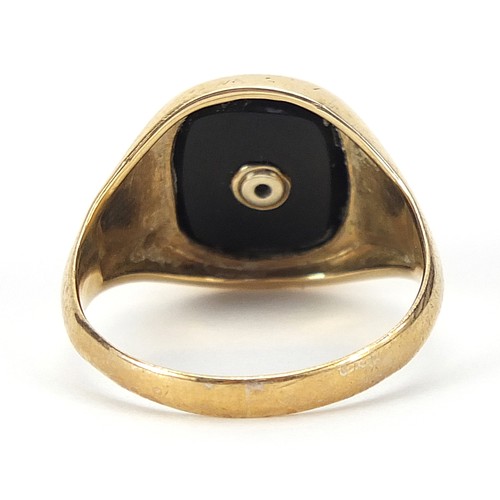 1808 - 9ct gold black onyx signet ring set with a diamond, size S, 4.1g