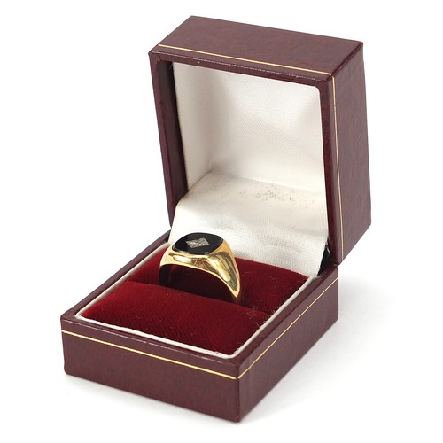 1808 - 9ct gold black onyx signet ring set with a diamond, size S, 4.1g