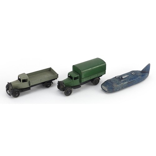 1438 - Three early Dinky diecast vehicles comprising covered  box van, Tipper flat bed van and Bluebird