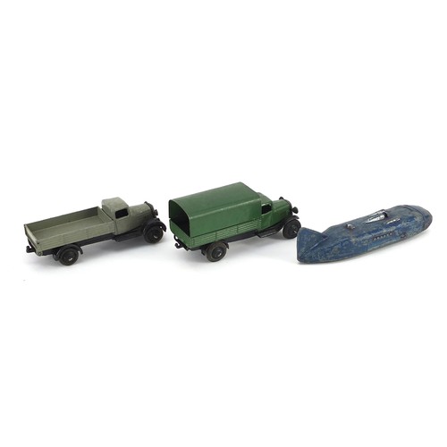 1438 - Three early Dinky diecast vehicles comprising covered  box van, Tipper flat bed van and Bluebird