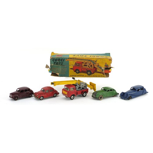 1440 - Five vintage diecast vehicles including Dinky Chrysler Airflow and Corgi Working Conveyor with box