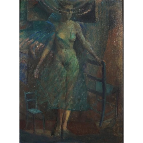 630 - Standing nude female in an interior, surreal oil on board, framed, bearing an indistinct signature, ... 