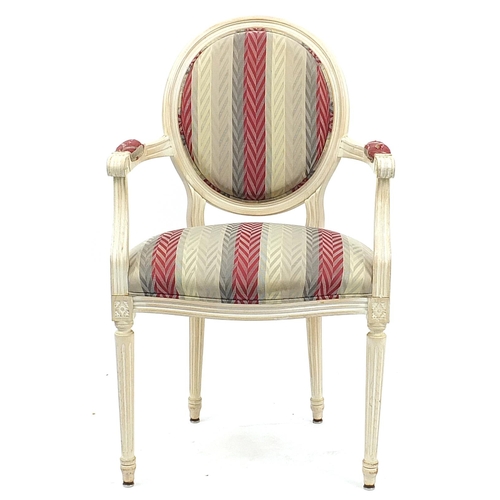 831 - French style shabby chic open armchair with striped upholstery, 100cm high