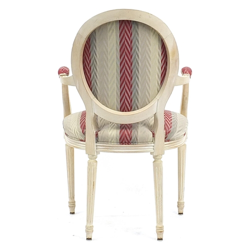 831 - French style shabby chic open armchair with striped upholstery, 100cm high