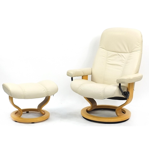 841 - Stressless Ekornes, cream leather easy chair with matching footstool, 100cm high