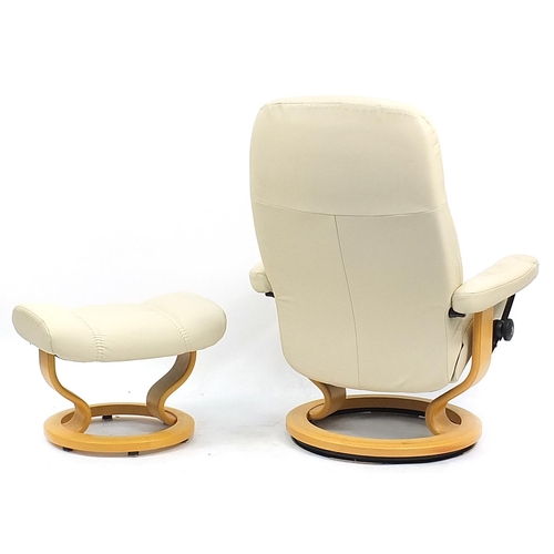 841 - Stressless Ekornes, cream leather easy chair with matching footstool, 100cm high