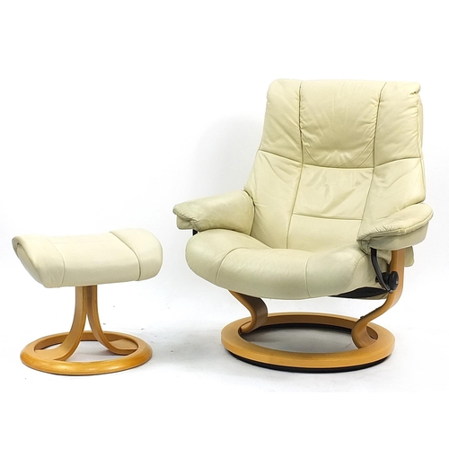 842 - Stressless Ekornes, cream leather easy chair and footstool, 100cm high