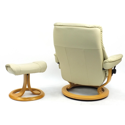 843 - Stressless Ekornes, cream leather easy chair and footstool, 100cm high