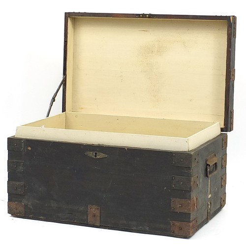 852 - Victorian military interest metal bound pine trunk, 40.5cm H x 76.5cm W x 48cm D