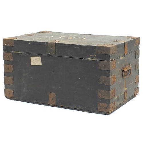 852 - Victorian military interest metal bound pine trunk, 40.5cm H x 76.5cm W x 48cm D