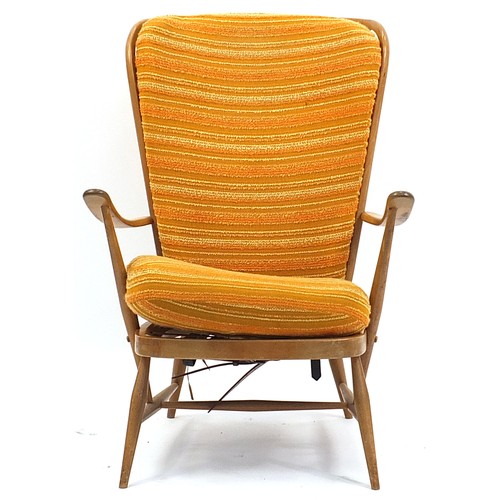 845 - Ercol light elm stick back armchair, 101cm high