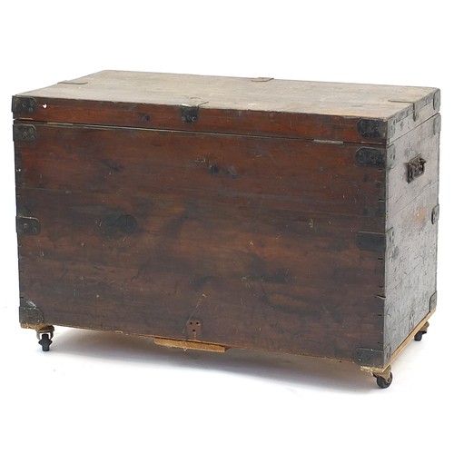 853 - Antique metal bound trunk with cast iron handles, 61cm H x 87.5cm W x 45.5cm D