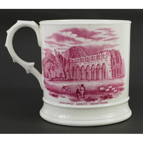 210 - Victorian porcelain mug transfer printed with views of Iron Bridge Shropshire and Buildwas Abbey Shr... 