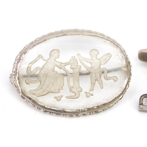 2136 - Five antique and later silver brooches including a Charles Horner enamelled BABY brooch and a green ... 