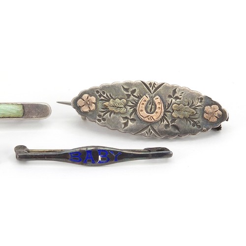 2136 - Five antique and later silver brooches including a Charles Horner enamelled BABY brooch and a green ... 