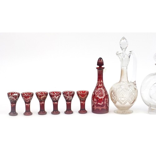 1109 - Antique and later glassware comprising a Bohemian decanter with six liqueur glasses etched with deer... 