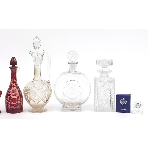 1109 - Antique and later glassware comprising a Bohemian decanter with six liqueur glasses etched with deer... 